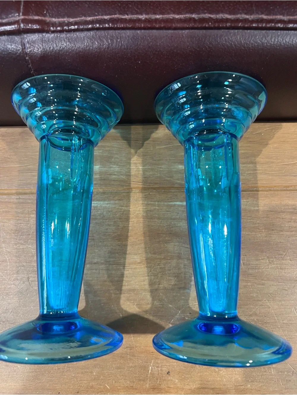 Mid Century glass candle sticks in perfect condition.